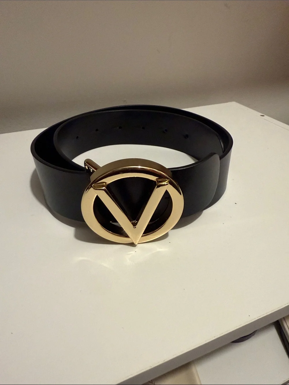 Valentino Black Belt with Gold Round Logo Buckle